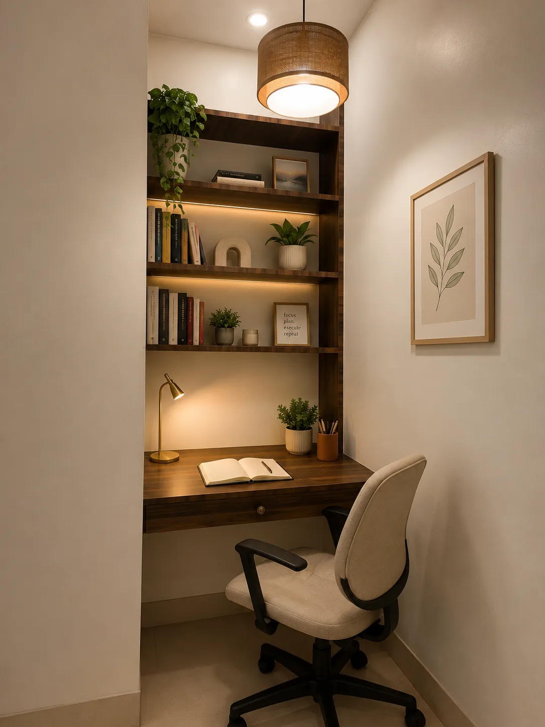 Warm study nook with custom shelving by Disha Archilab